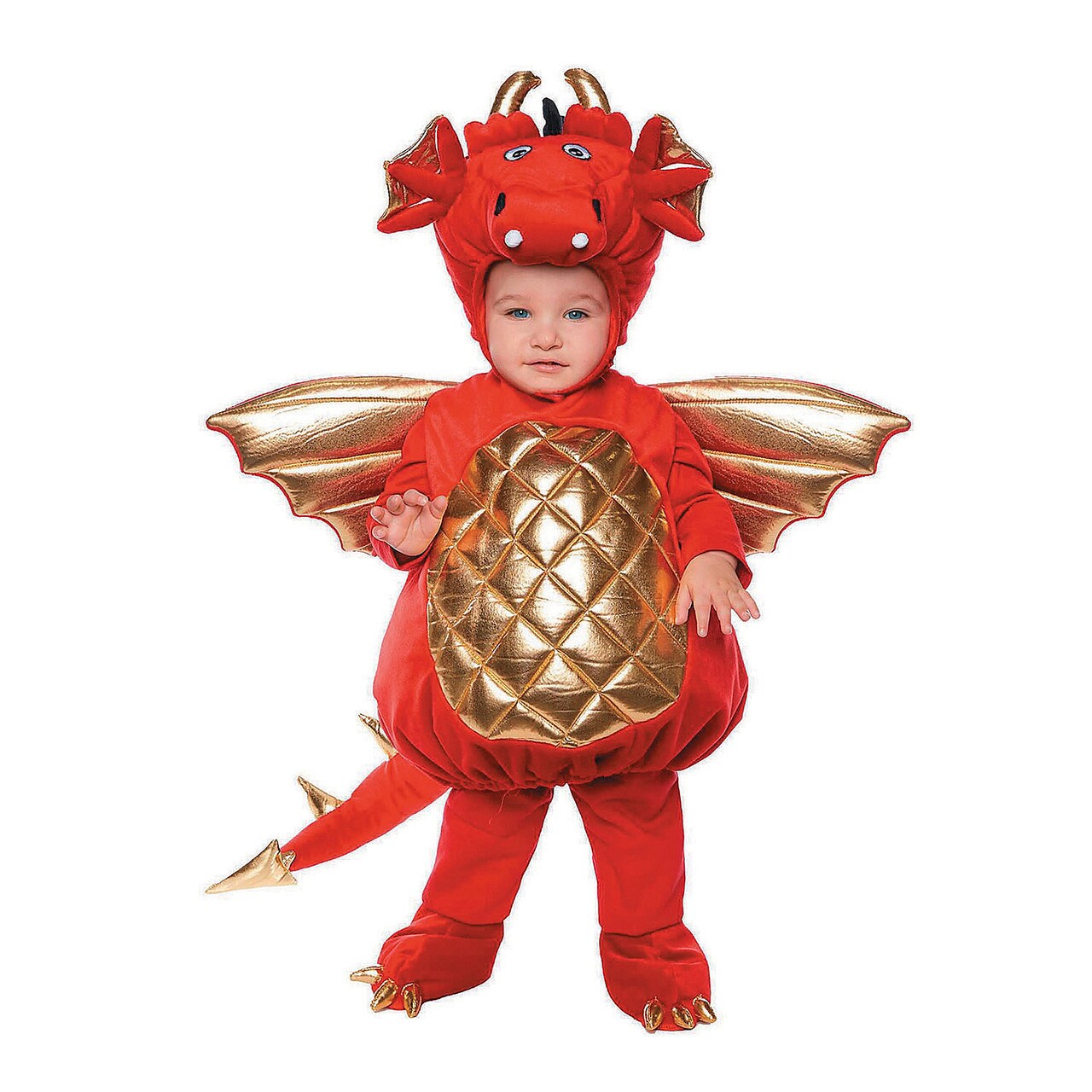 Adorable Red Dragon Toddler Costume with Gold Wings Tail and Headpiece